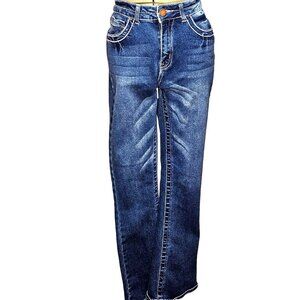 Woman's Bamboo dark wash white stitch embroidered distressed flared mid rise jea